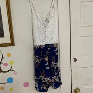 COPY - white/blue floral strappy romper with bow …